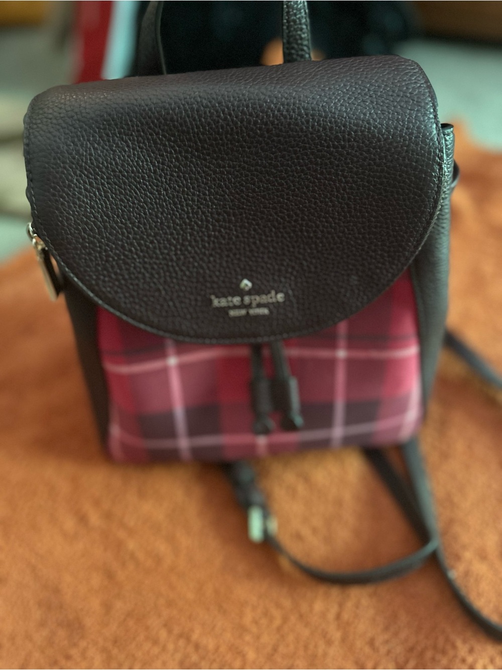 kate spade Burgundy and Pink Plaid Leather Backpack